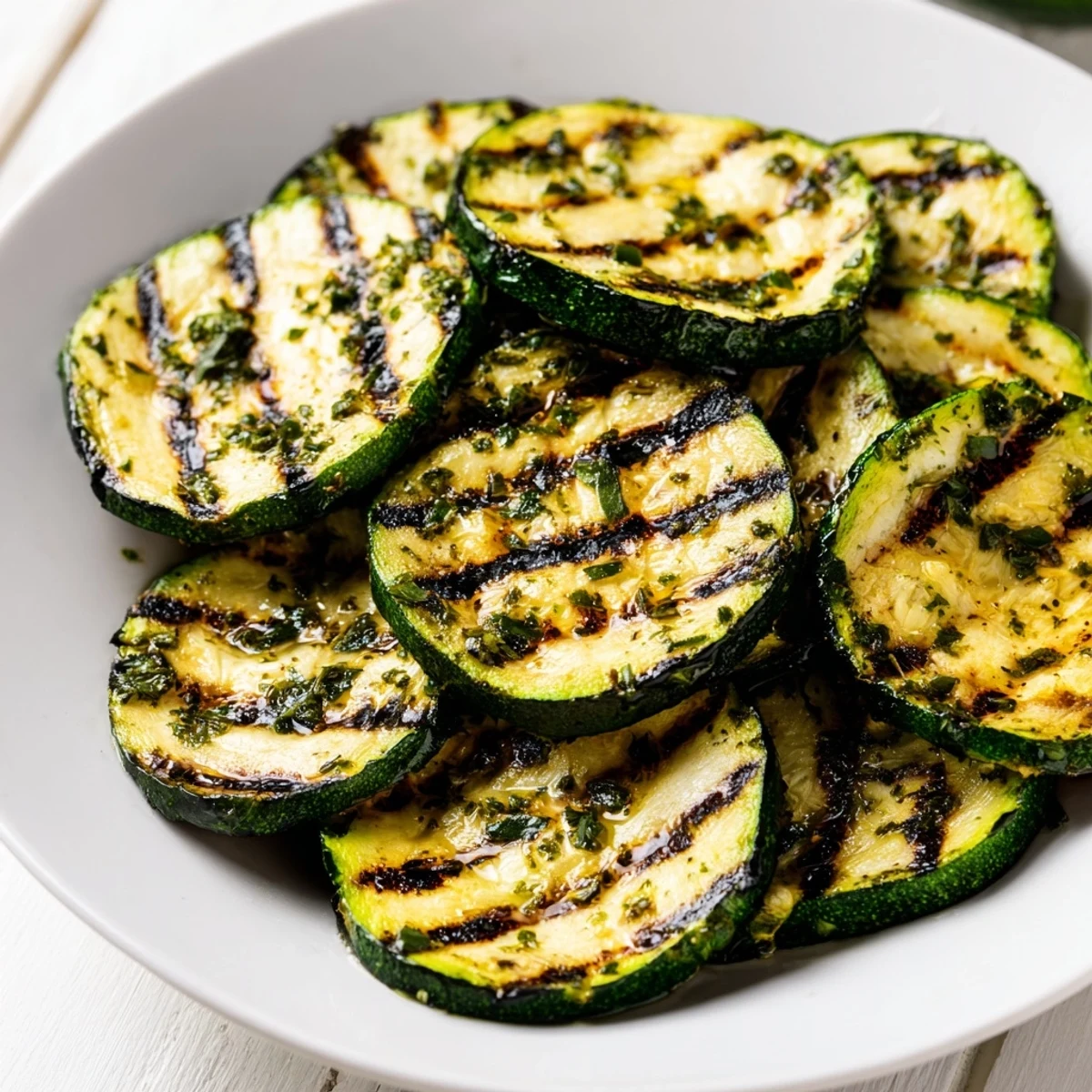 Flavorful Garlic Herb Grilled Zucchini, showing grill marks and glistening with olive oil and fresh herbs.
