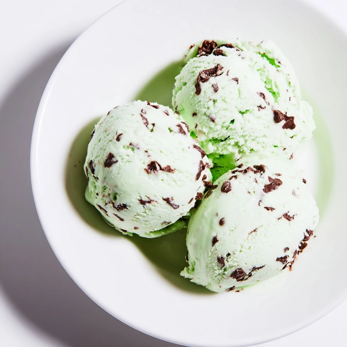 A scoop of refreshing Mint Chocolate Chip Ice Cream, a cool summer dessert delight.