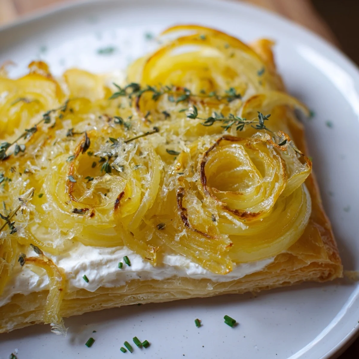 Golden, bubbly Caramelized Onion Tart, ready to slice with its flaky, golden-brown crust.