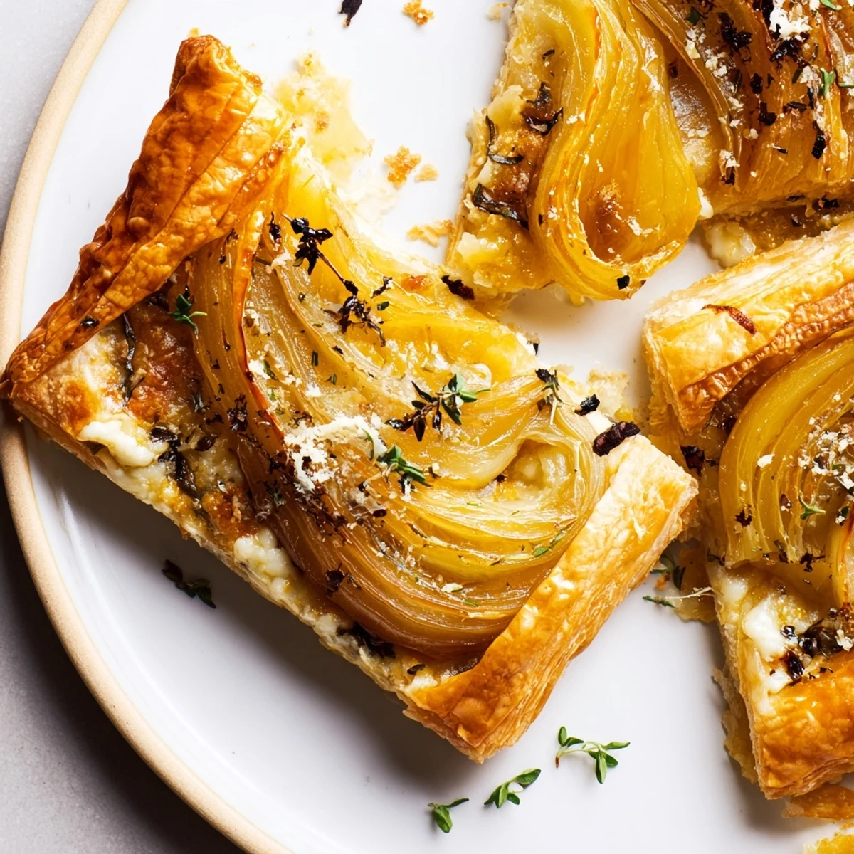 Warm, appetizing shot of a rustic Caramelized Onion Tart with melted Gruyère and fresh thyme.