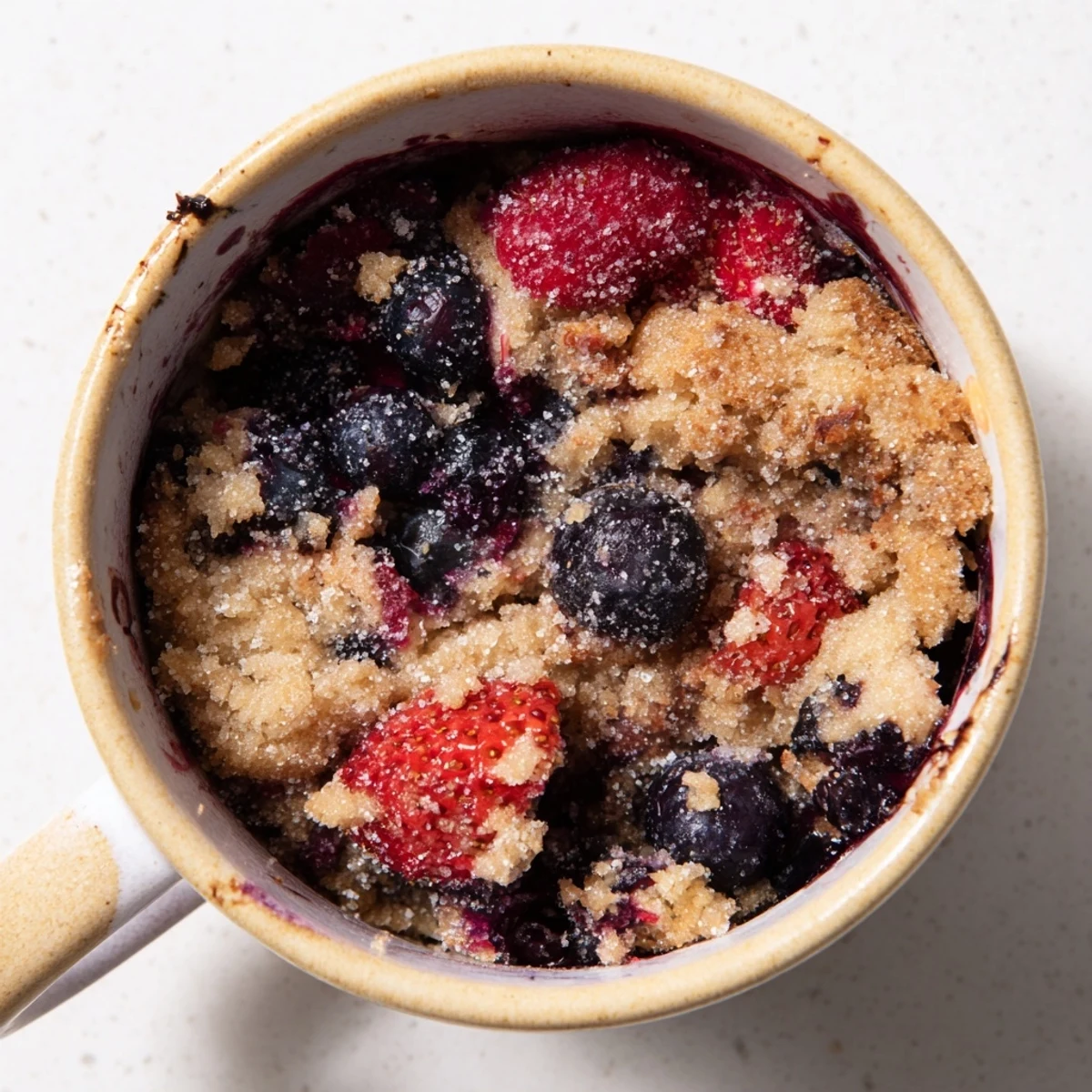 Warm, bubbly Mixed Berry Cobbler Mug Cake, a quick dessert with juicy berries and golden crust.