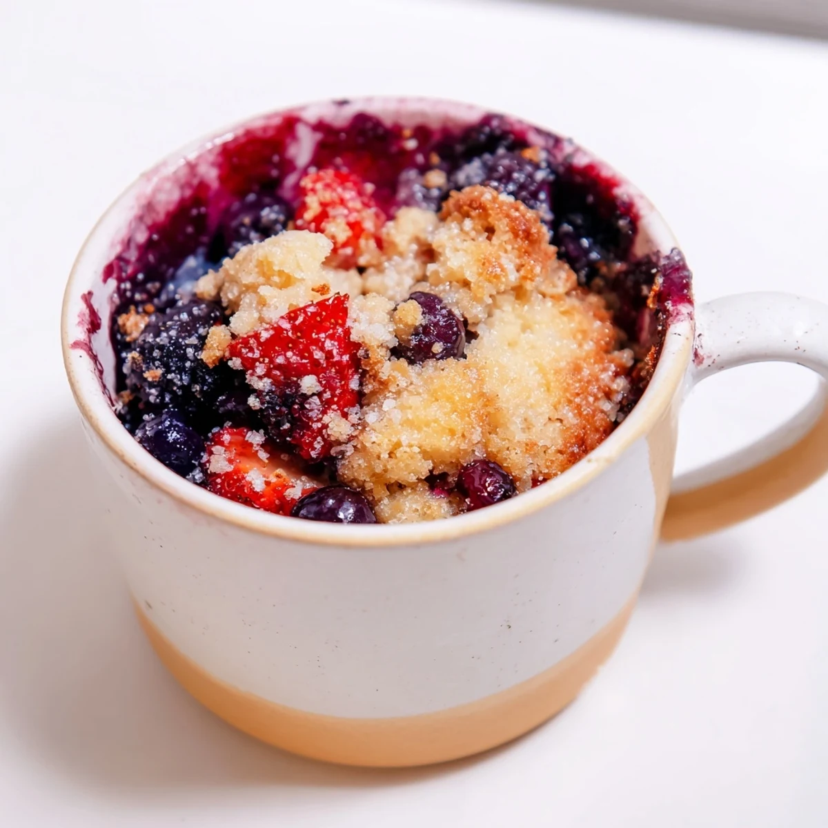 A close-up of a Mixed Berry Cobbler Mug Cake, showing the perfect blend of berries and tender cake.