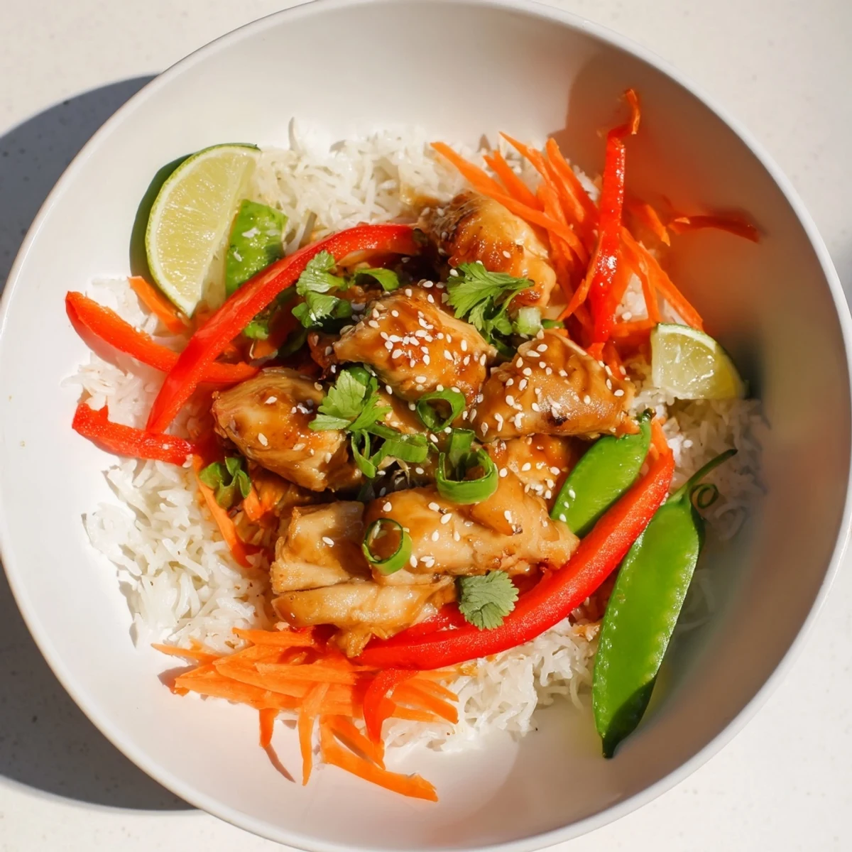 Sesame Ginger Rice Bowl: A steaming bowl brimming with chicken, colorful veggies, and fragrant sauce, ready to eat.