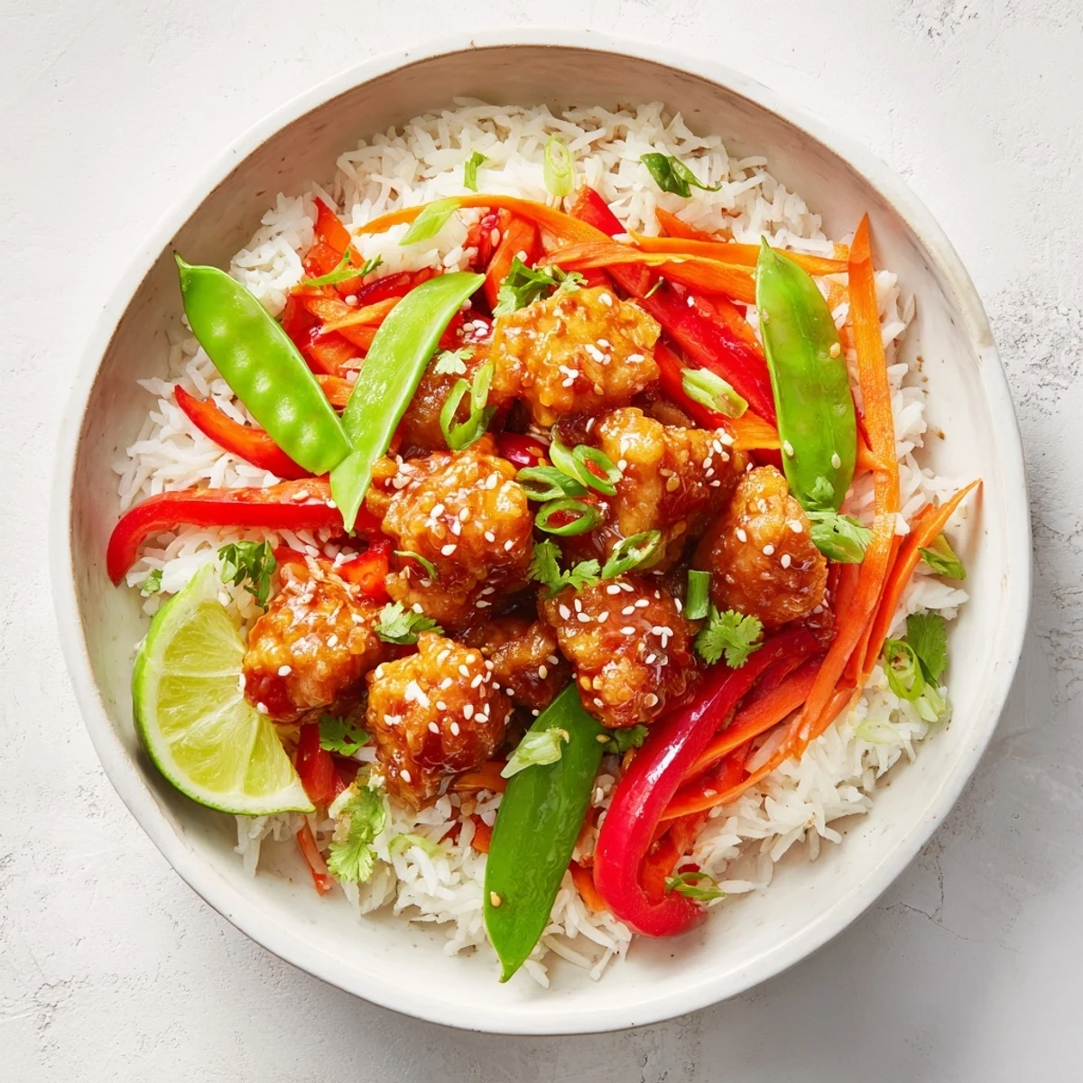 Enjoy a delicious Sesame Ginger Rice Bowl, showcasing a photo of an Asian-inspired rice dish with fresh garnishes.