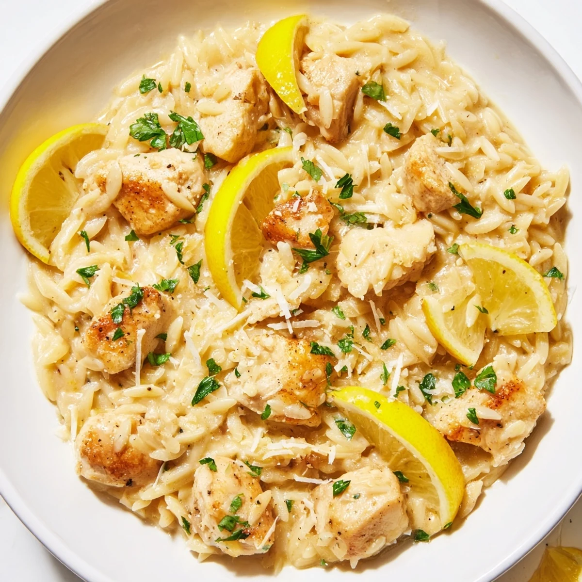 Golden chicken pieces nestle in creamy orzo, seasoned with fresh parsley, for Creamy Lemon Chicken.