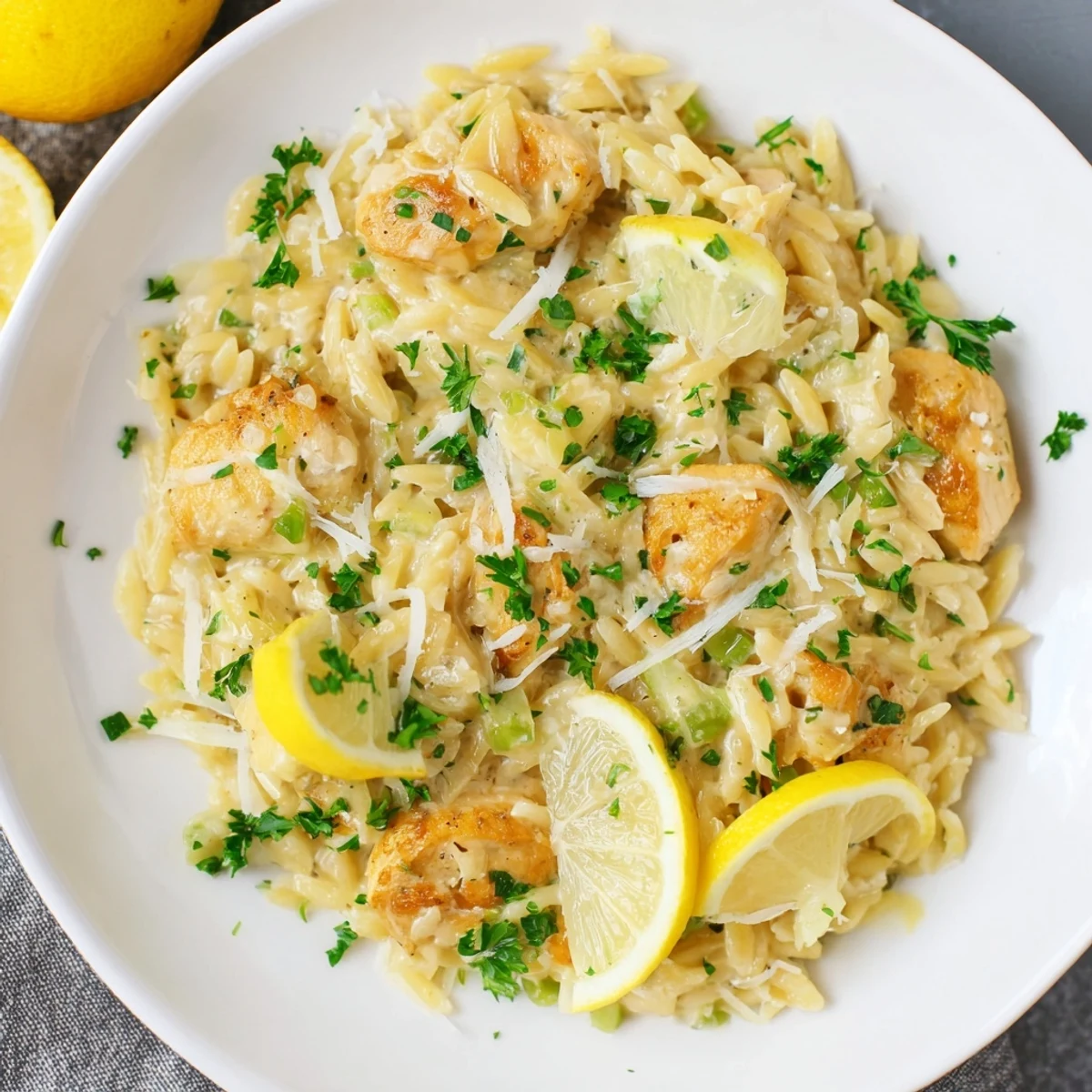 A one-pan Creamy Lemon Chicken Orzo with bright, zesty sauce and fluffy Parmesan topping awaits.