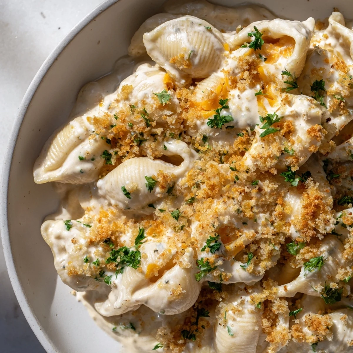 A comforting close-up shot of High-Protein Mac & Cheese, bubbling on a serving plate.