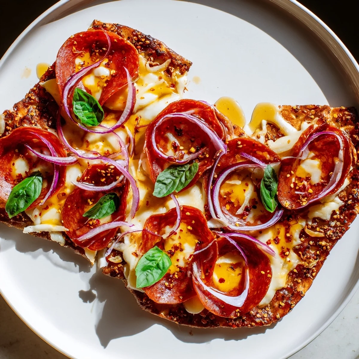 Golden cheese bubbles atop spicy pepperoni on a hot honey pepperoni flatbread, ready to enjoy.