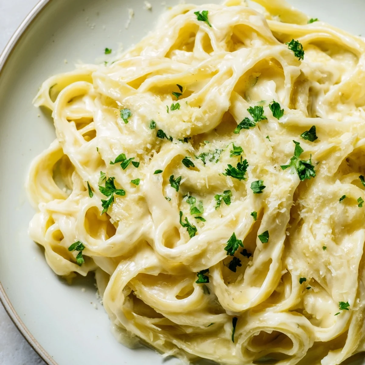 Creamy, homemade Pasta Alfredo Cottage Hack, swirled with parmesan and parsley for a comforting plate.