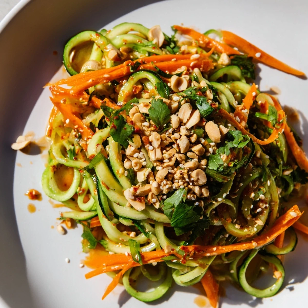 Vibrant Spicy Cucumber Noodle Bowl with spiralized cucumbers and a glistening, flavorful chili sauce.