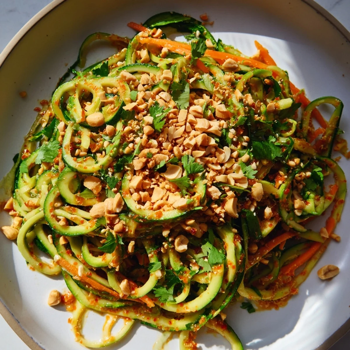 Close-up of a Spicy Cucumber Noodle Bowl, ready to eat, with lime and chili oil drizzle.