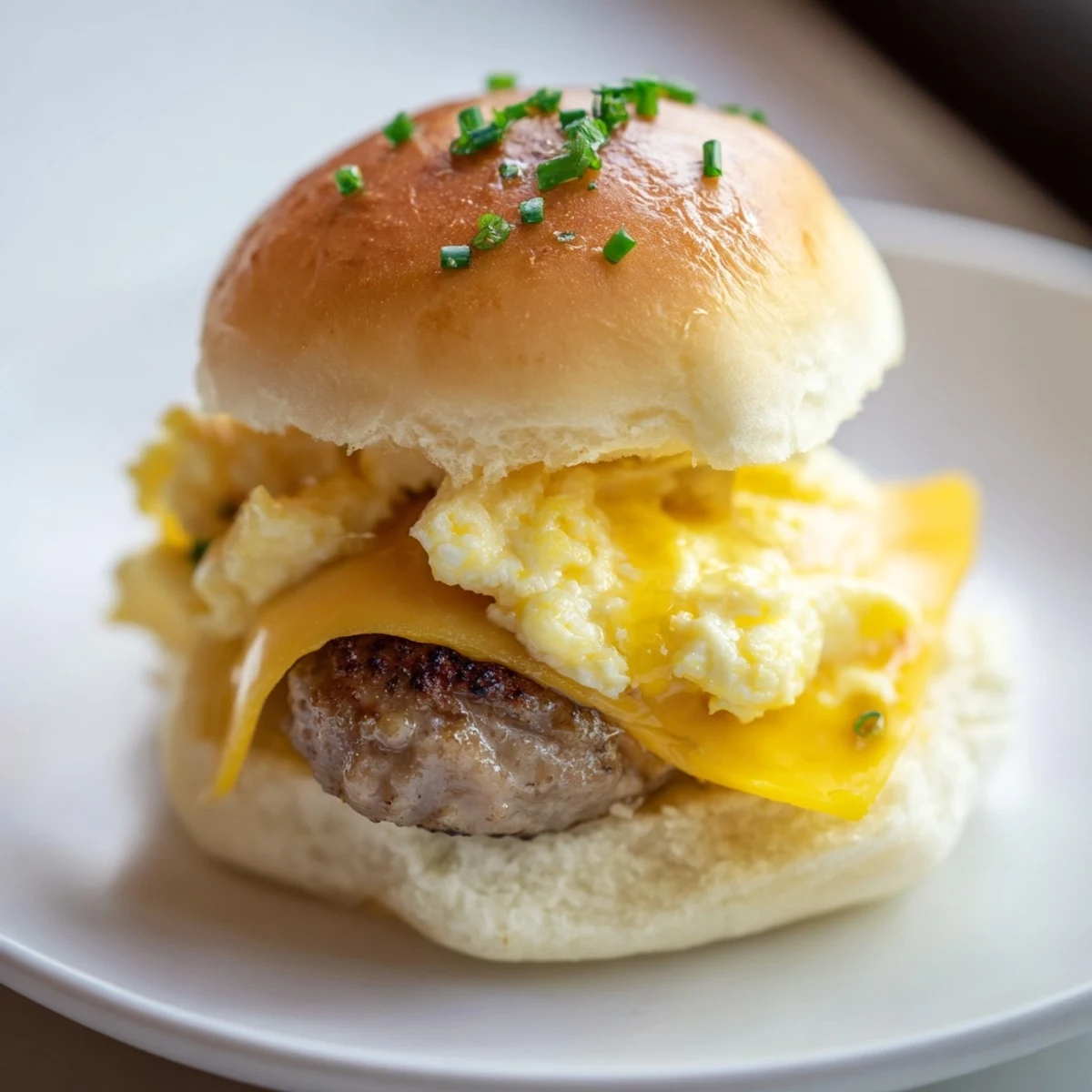 Golden-brown Mini Breakfast Sliders, filled with scrambled eggs, cheese, and savory sausage.