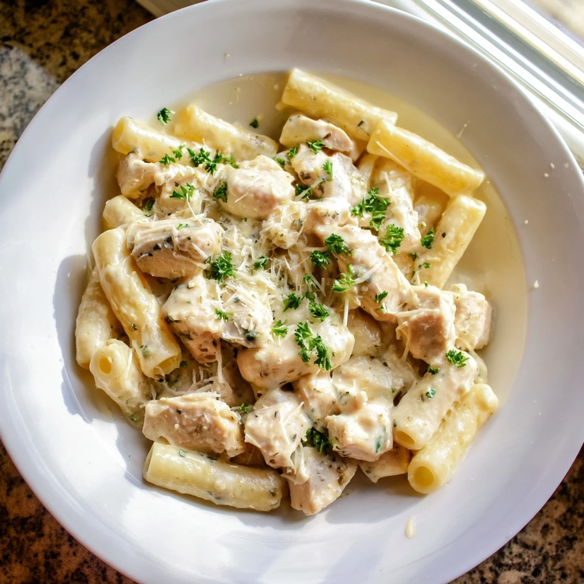 Golden, tender Quick Garlic Parmesan Chicken Pasta in a creamy sauce, perfect for a busy weeknight.