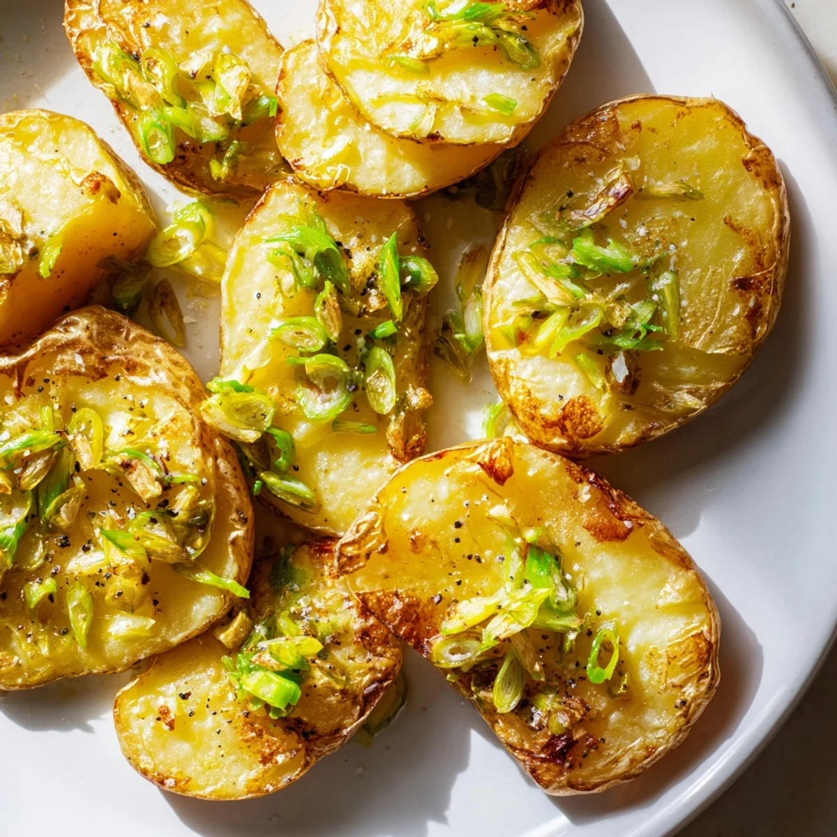 Golden, crispy Smashed Green Onion Potato Bombs, a delicious vegetarian appetizer with fresh scallions.
