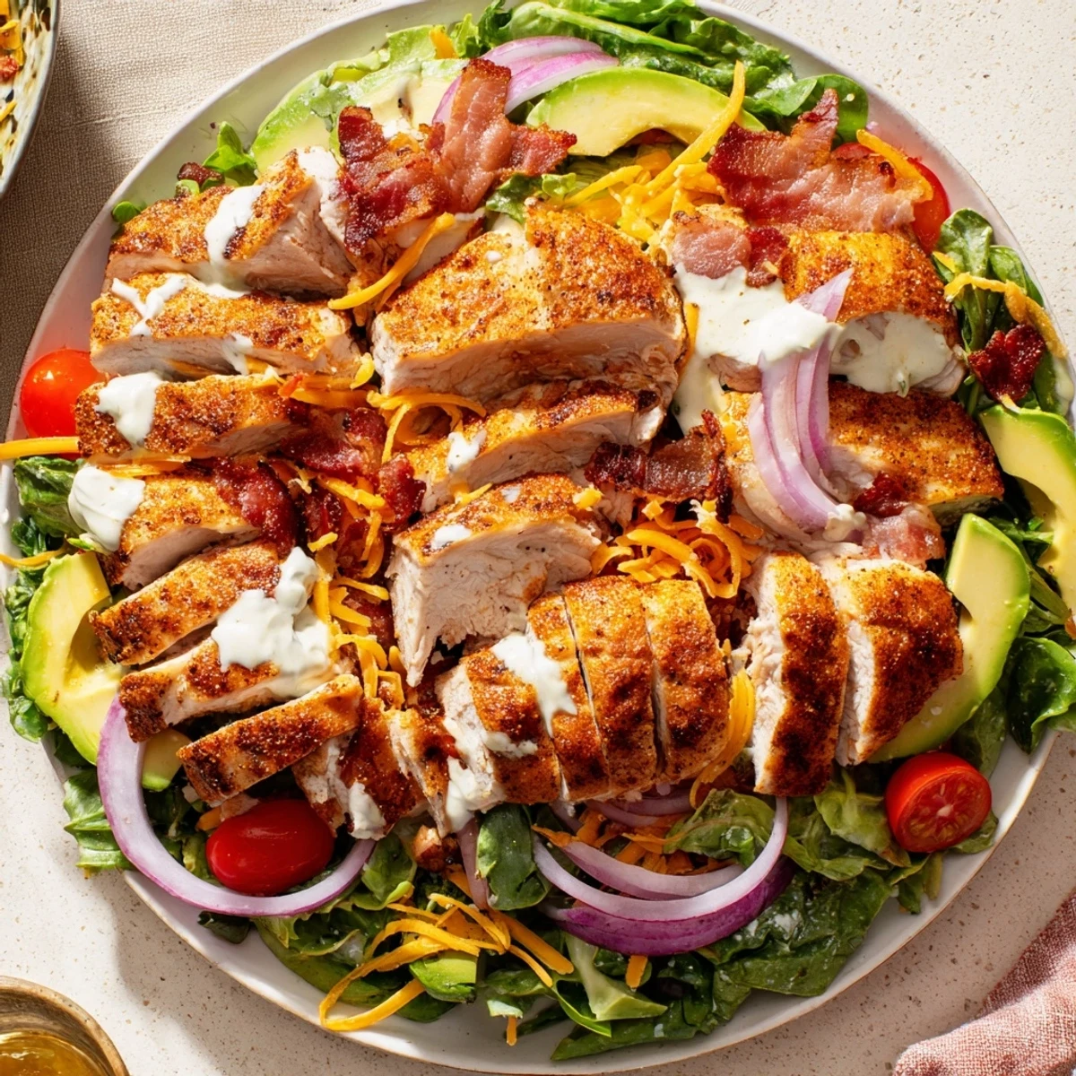 Freshly made Crispy Bacon Chicken Salad with juicy chicken, crunchy bacon, and creamy ranch dressing.