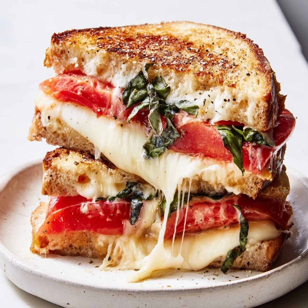 Perfectly toasted tomato basil grilled cheese sandwich, filled with juicy tomato slices and warm mozzarella.