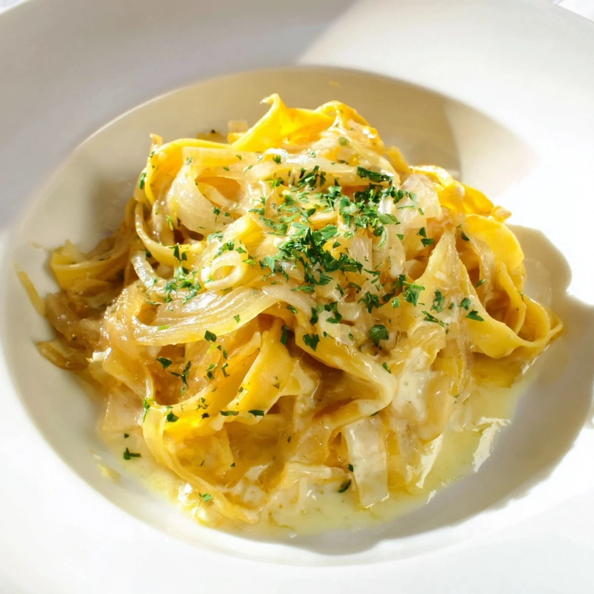 A steaming bowl of one-pot French onion pasta, featuring rich broth and perfectly cooked fettuccine.