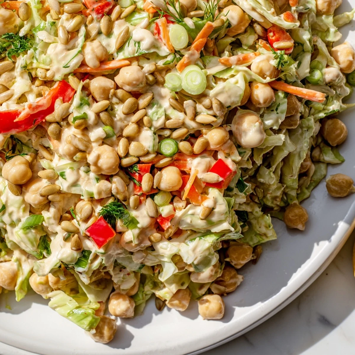 Creamy Fiber-Forward Chickpea Salad showcasing vibrant veggies and tahini dressing, perfect for lunch.