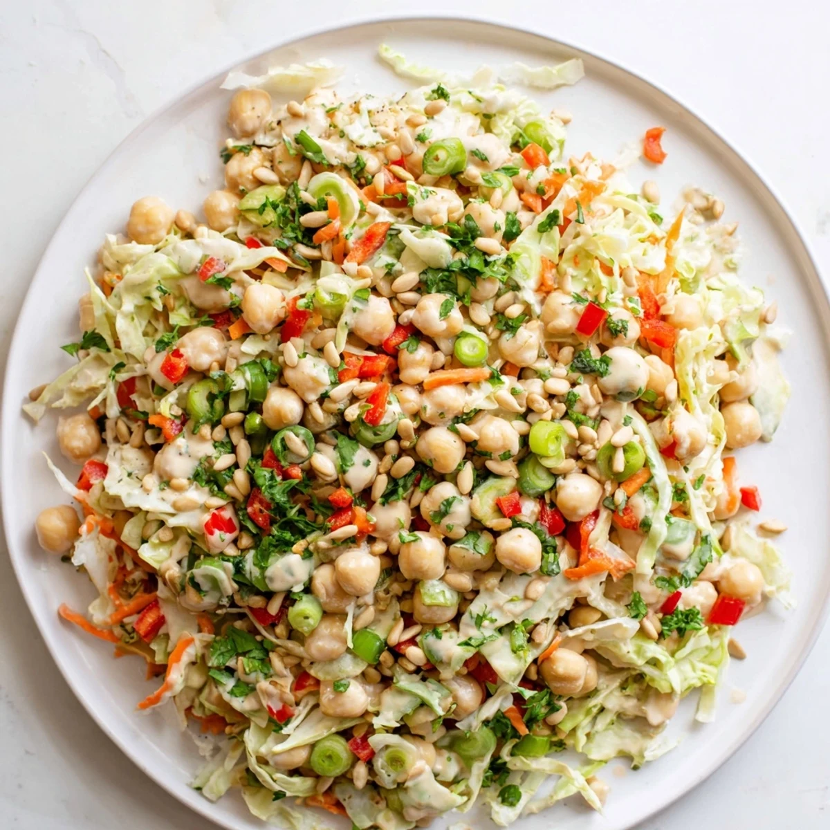 Close-up of Fiber-Forward Chickpea Salad: A healthy, Mediterranean-inspired dish with bright colors.