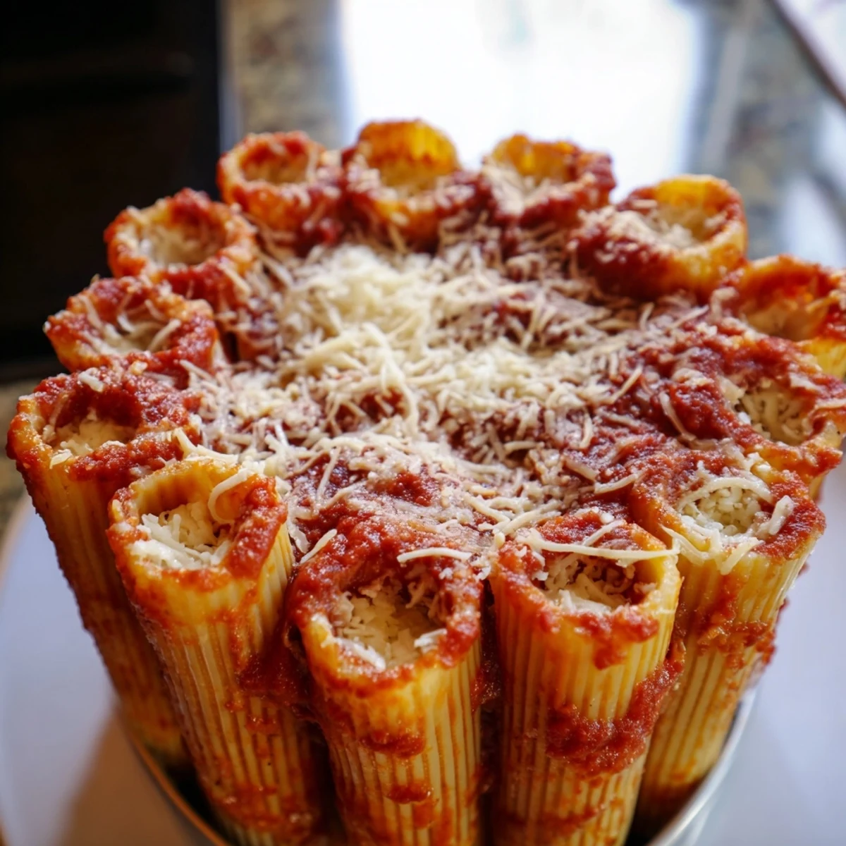 Upright rigatoni tubes filled with cheese and nestled in marinara; this Honeycomb Pasta Bake looks delicious.