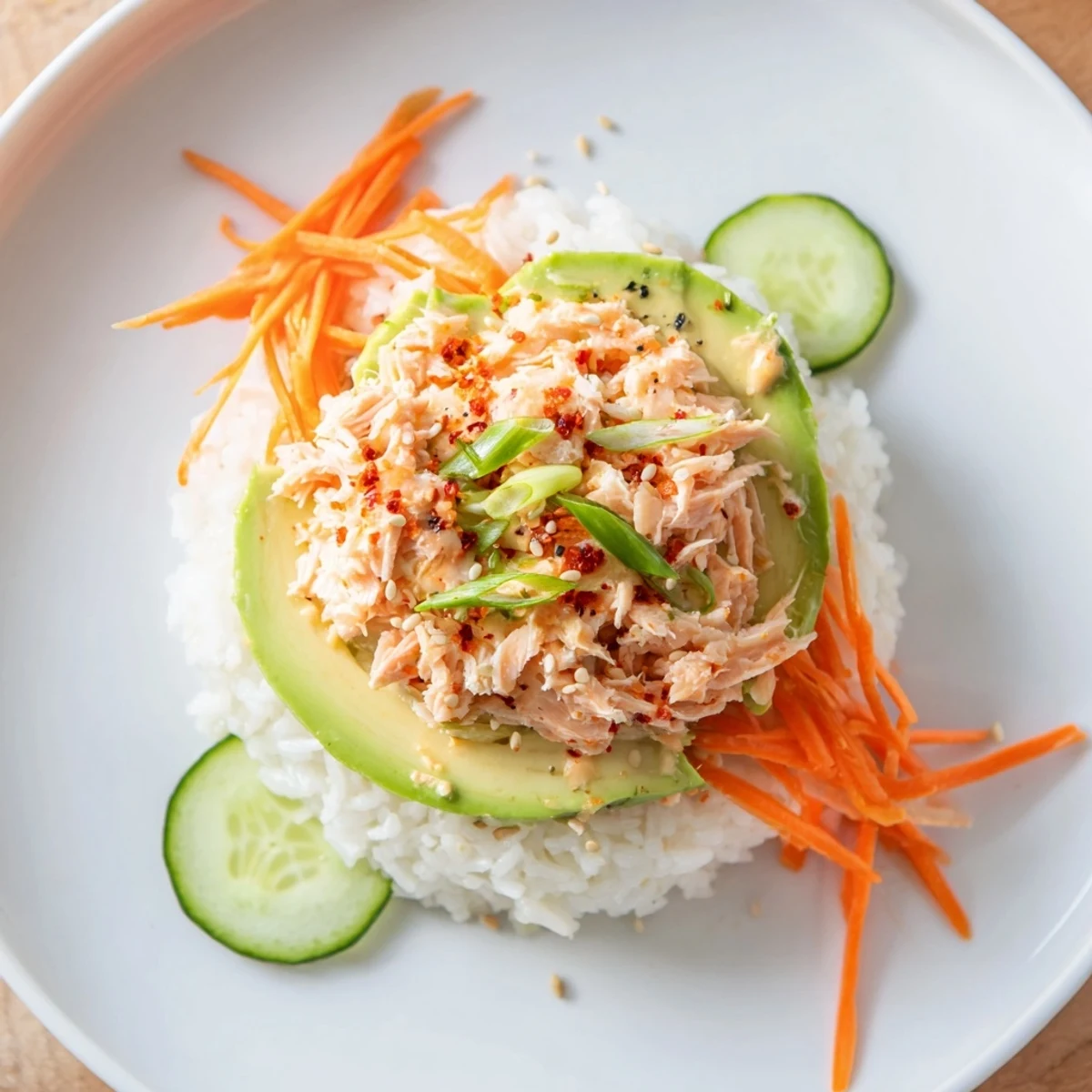 Steaming Spicy Canned Salmon Rice Bowl brimming with vibrant veggies, creamy sriracha mayo, and flaky salmon.
