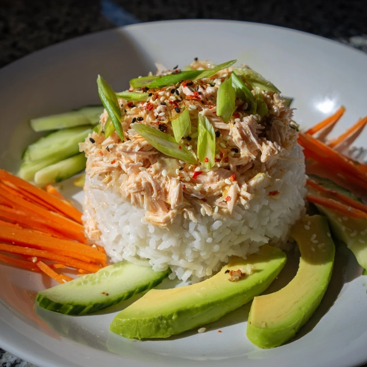 Flavorful Spicy Canned Salmon Rice Bowl features tender flaked salmon over fluffy rice with fresh avocado.