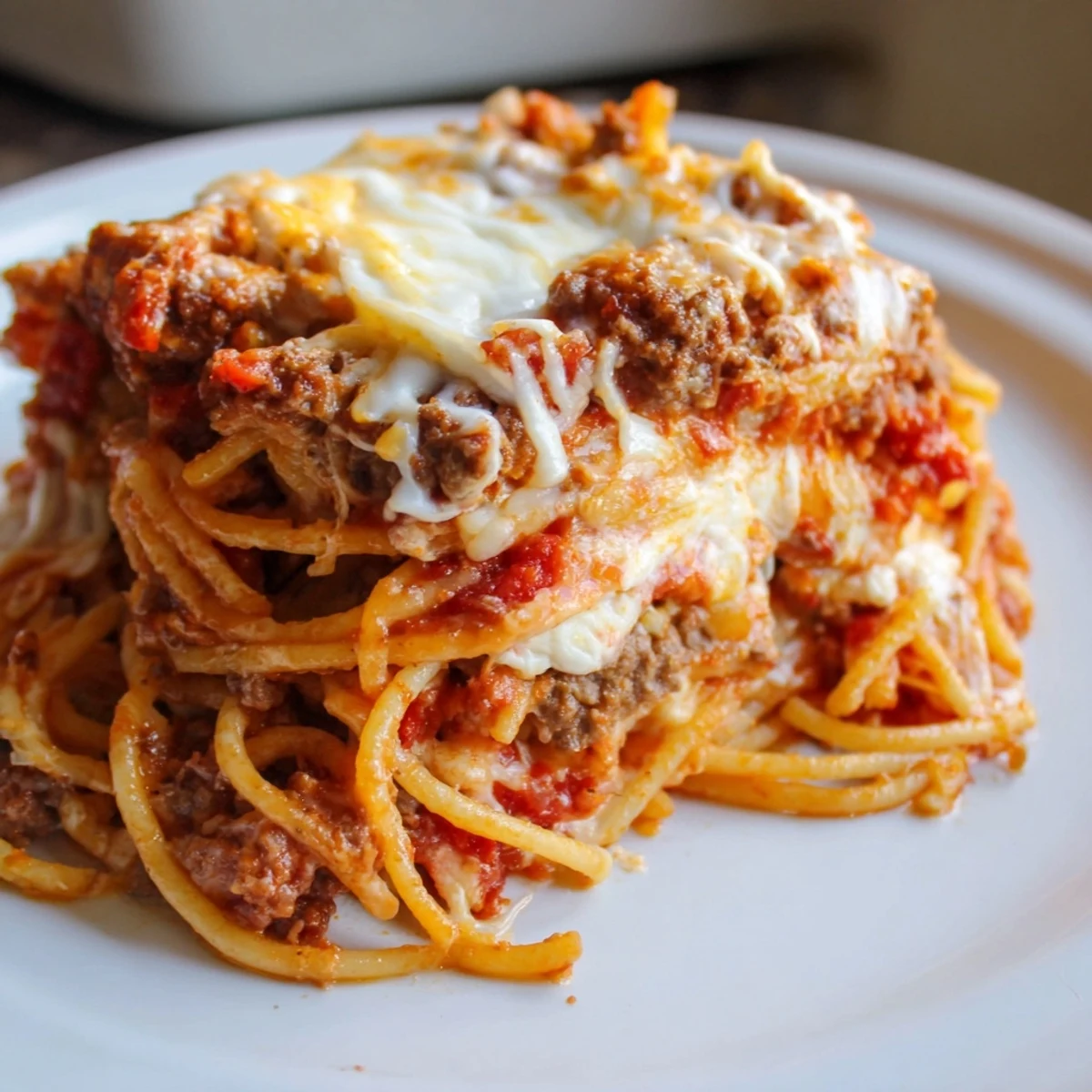Golden-brown, cheesy top of the baked Million Dollar Spaghetti promises a rich, comforting meal.