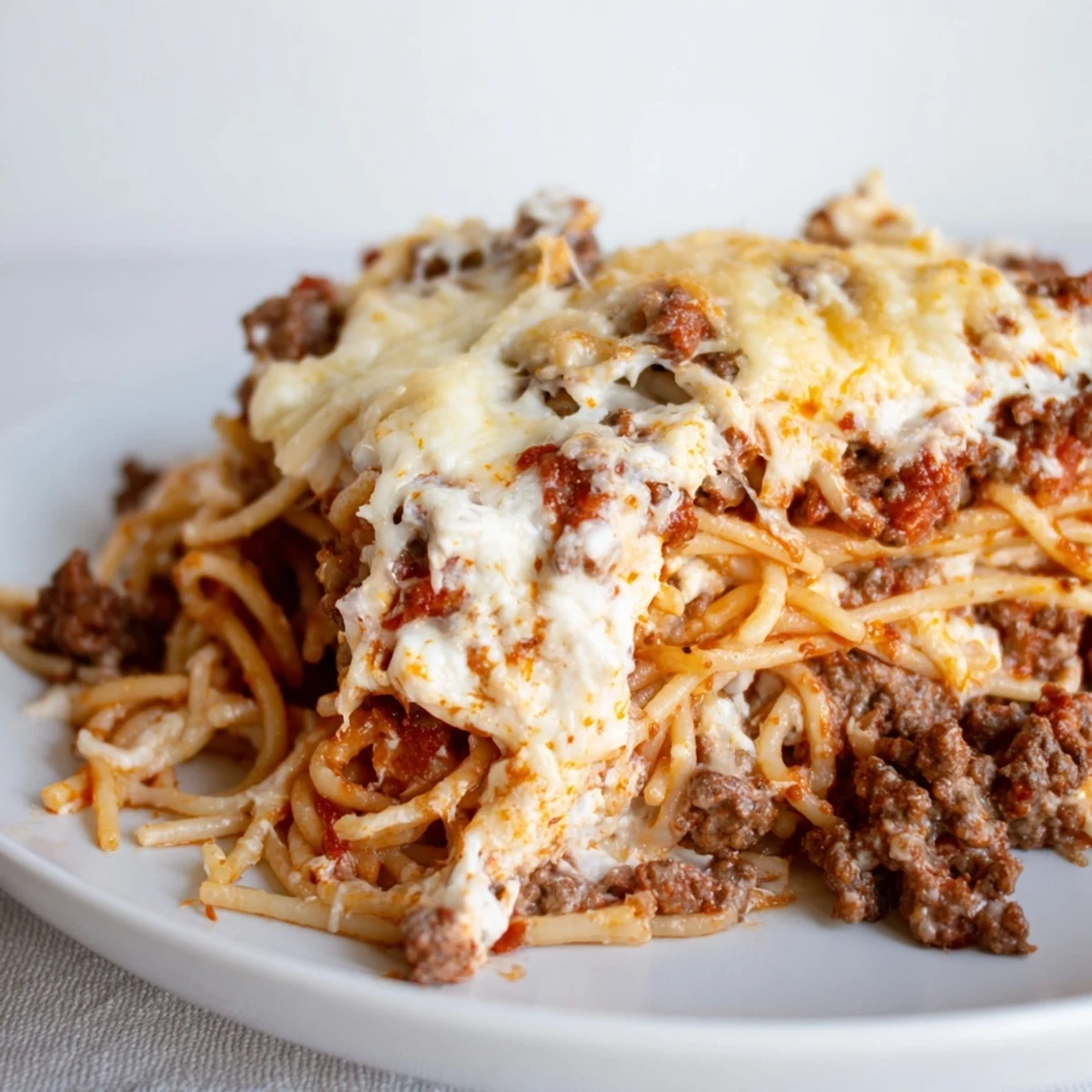 A bubbling pan of Million Dollar Spaghetti with melted cheese is ready to serve for dinner.