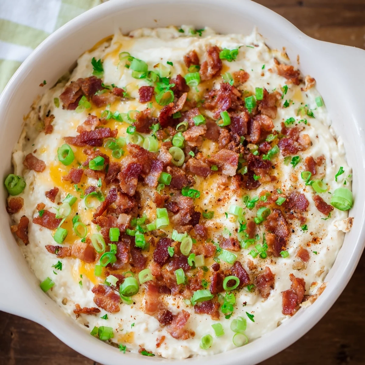 Golden, bubbly Cheesy Bacon Ranch Dip, a savory appetizer brimming with crispy bacon and melted cheddar.