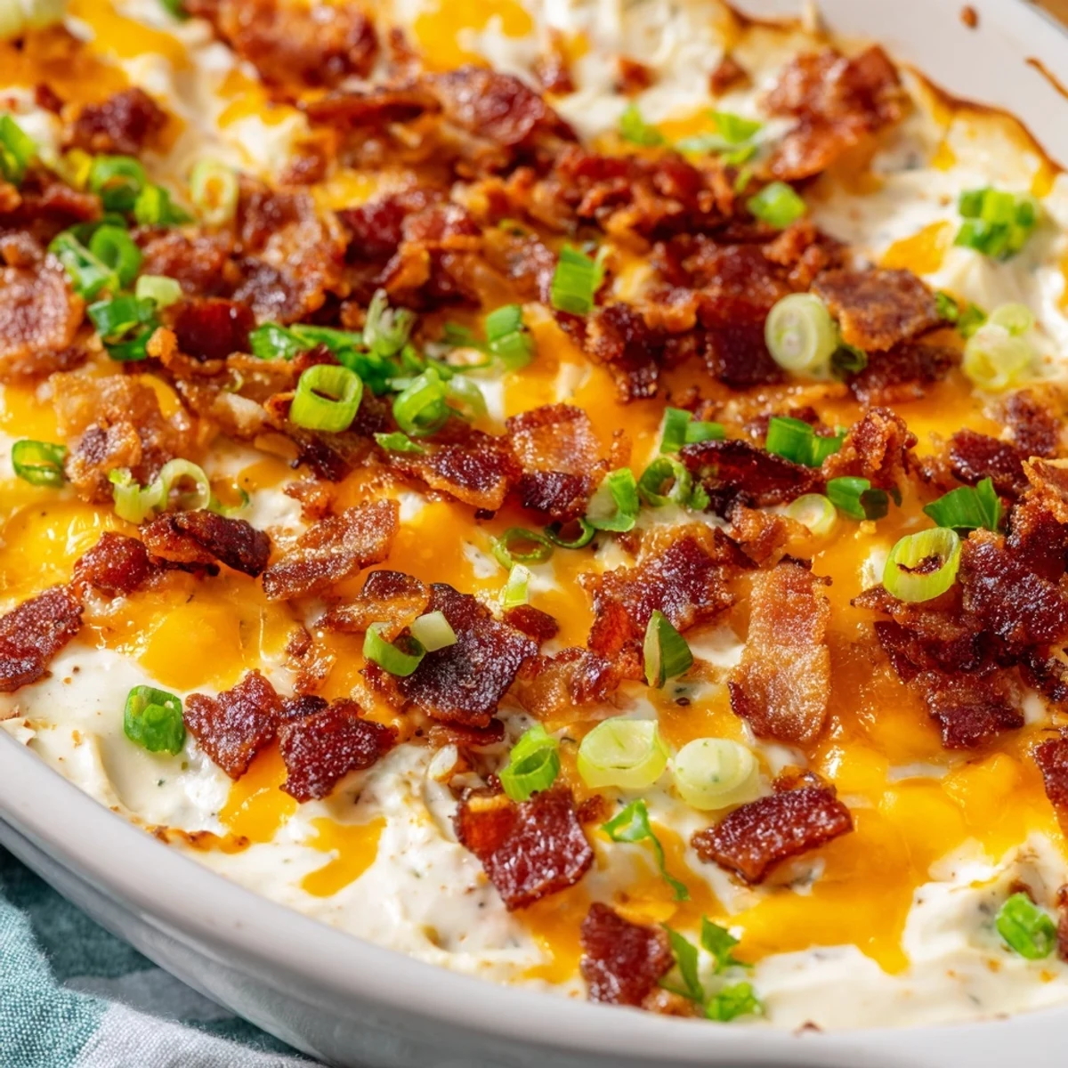 A warm, inviting shot of Cheesy Bacon Ranch Dip, perfect for dipping chips or veggies at game day.