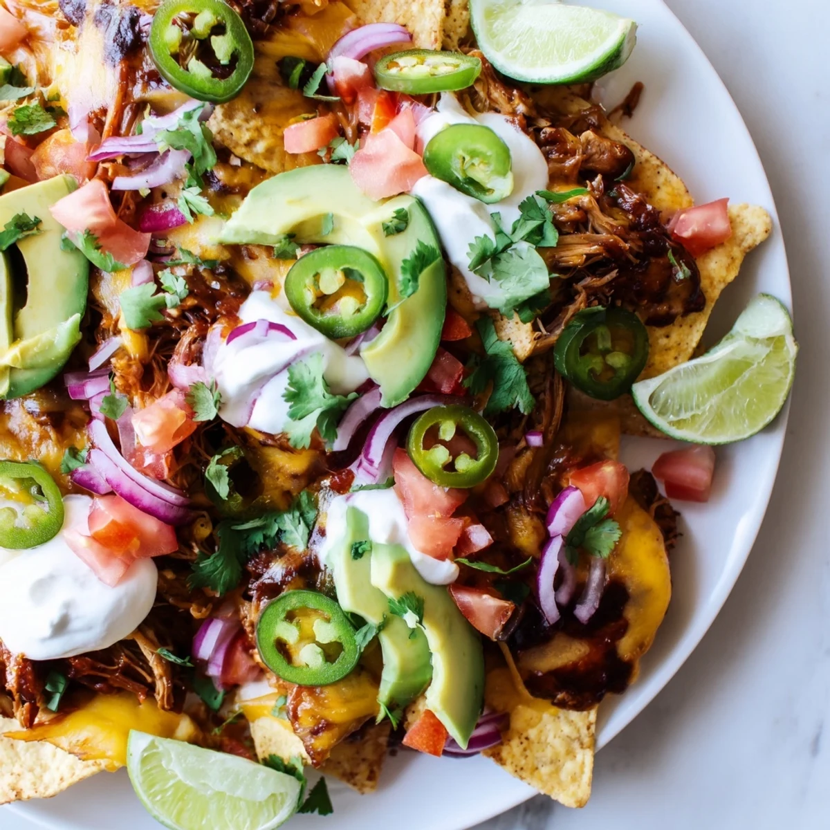 Golden, cheesy Loaded Nachos with tender pulled pork, perfect for a party appetizer people will love.