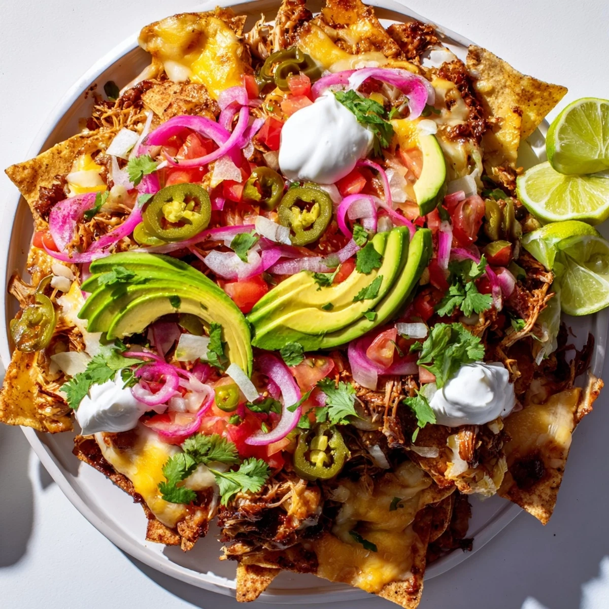 Hot, bubbly Loaded Nachos overflowing with savory pulled pork, melting cheese, and fresh toppings.