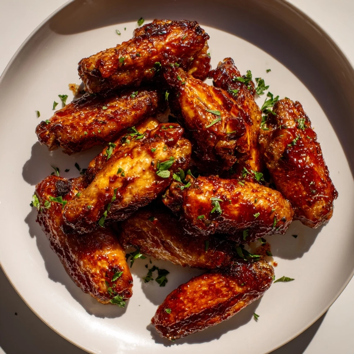 Crispy and glazed Baked Sticky Honey BBQ Wings, glistening with sweet sauce, perfect for sharing.