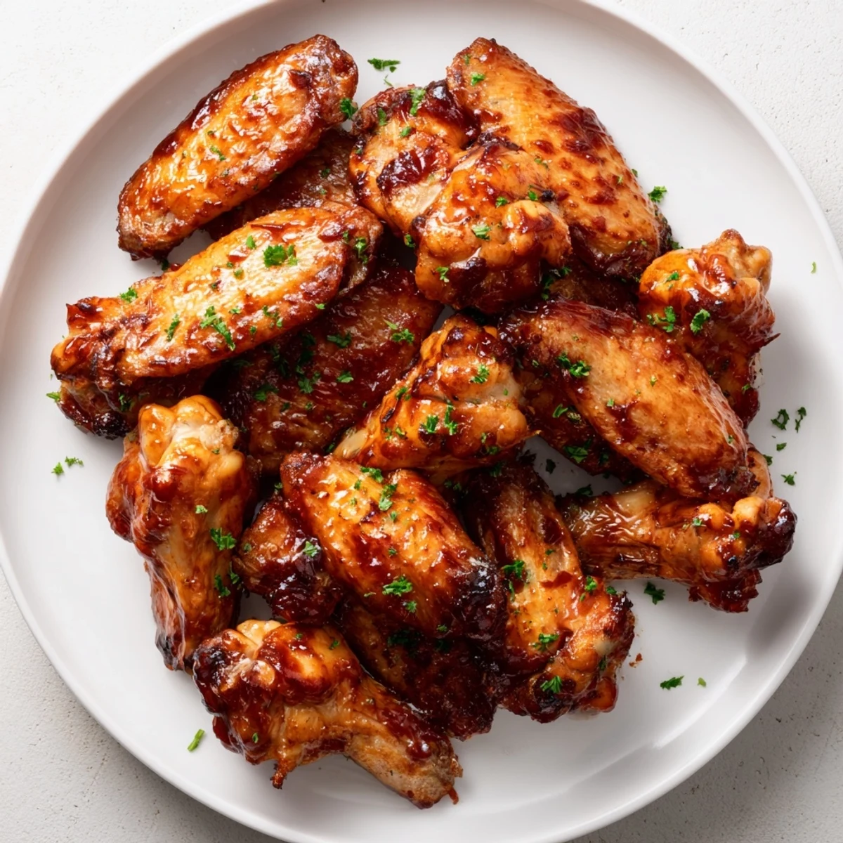 Close-up of golden Baked Sticky Honey BBQ Wings, showcasing the delicious, caramelized honey BBQ glaze.