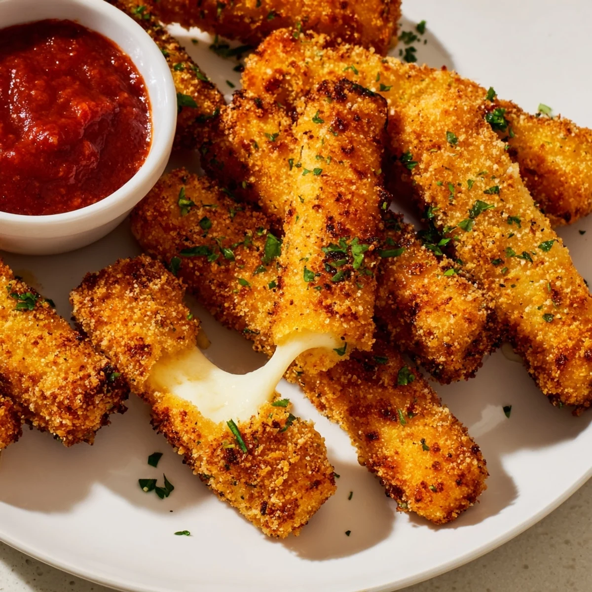 Golden, crispy air fryer mozzarella sticks served with warm marinara, a tasty appetizer.