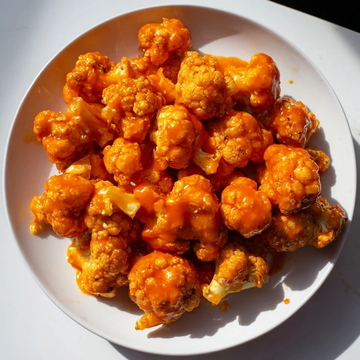 Golden-brown Buffalo Cauliflower Bites ready to eat, served with fresh celery, and a creamy ranch dip.