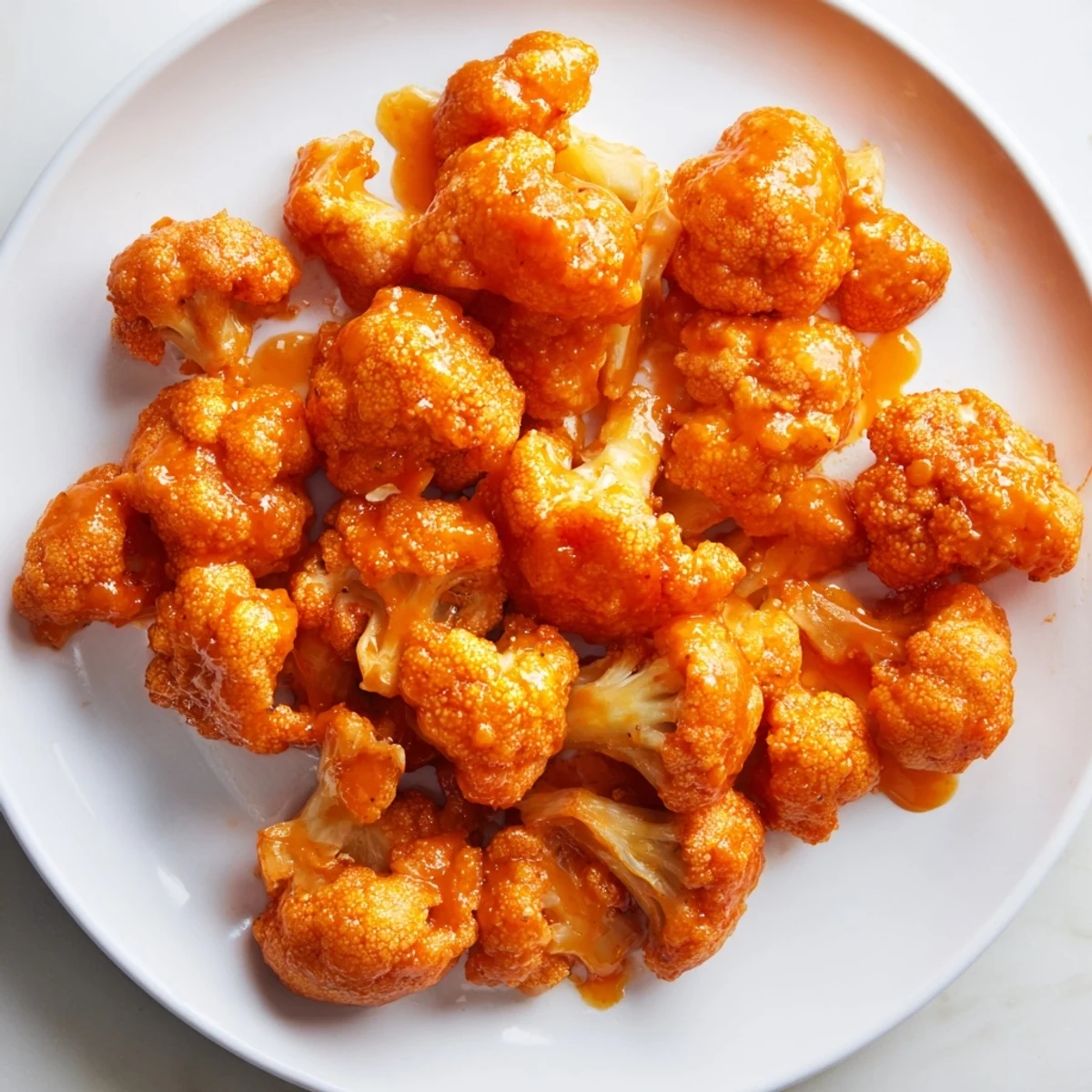 Close-up of crispy, flavorful Buffalo Cauliflower Bites, coated in vibrant buffalo sauce, a delicious snack.