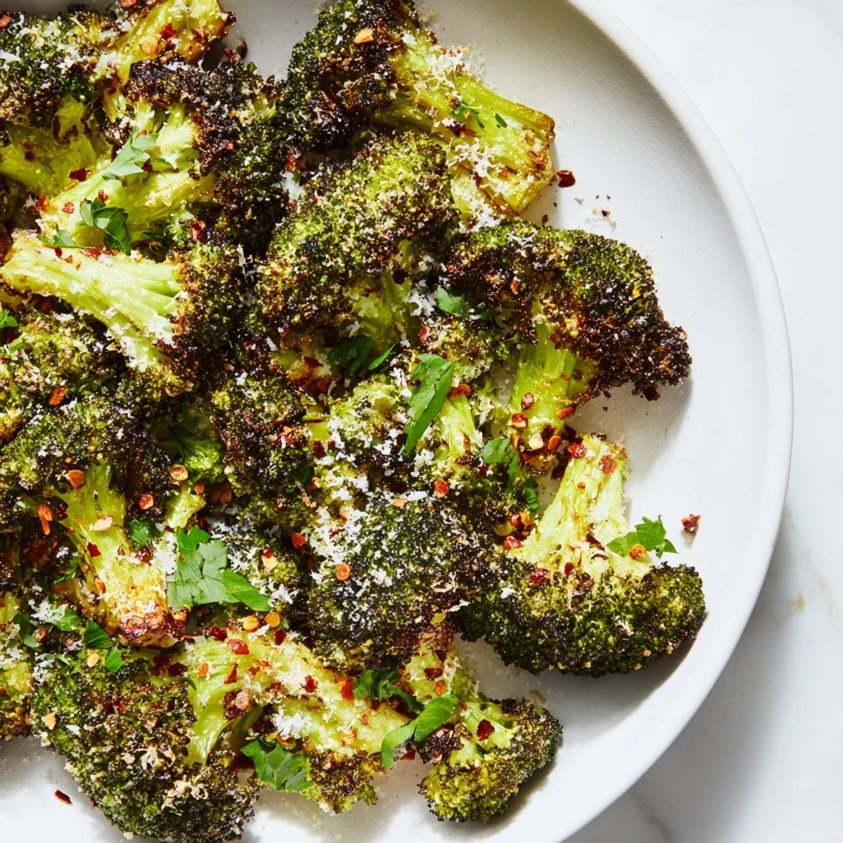 A close-up of Garlic Parmesan Roasted Broccoli, perfectly roasted with melted cheese and garlic.