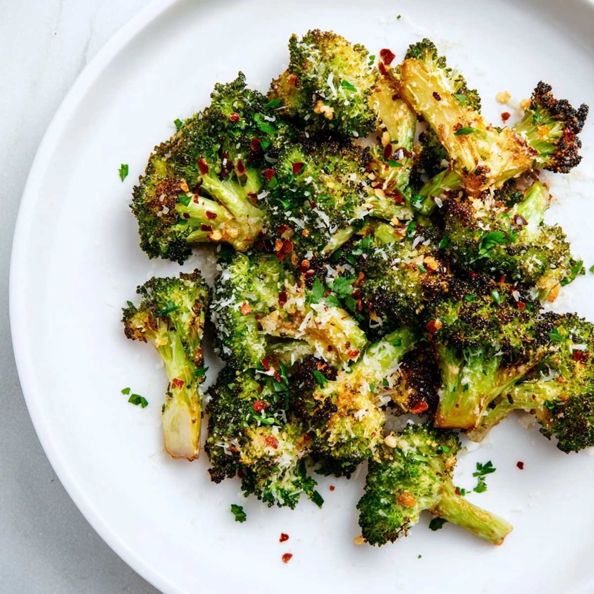 Freshly baked Garlic Parmesan Roasted Broccoli, showing the tender broccoli florets and parmesan crust.