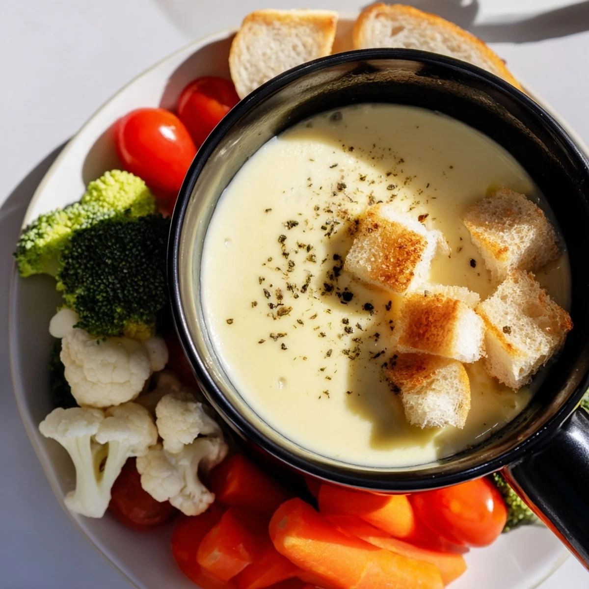 Creamy, rich Swiss cheese fondue, perfect for dipping crusty bread and crisp vegetables.