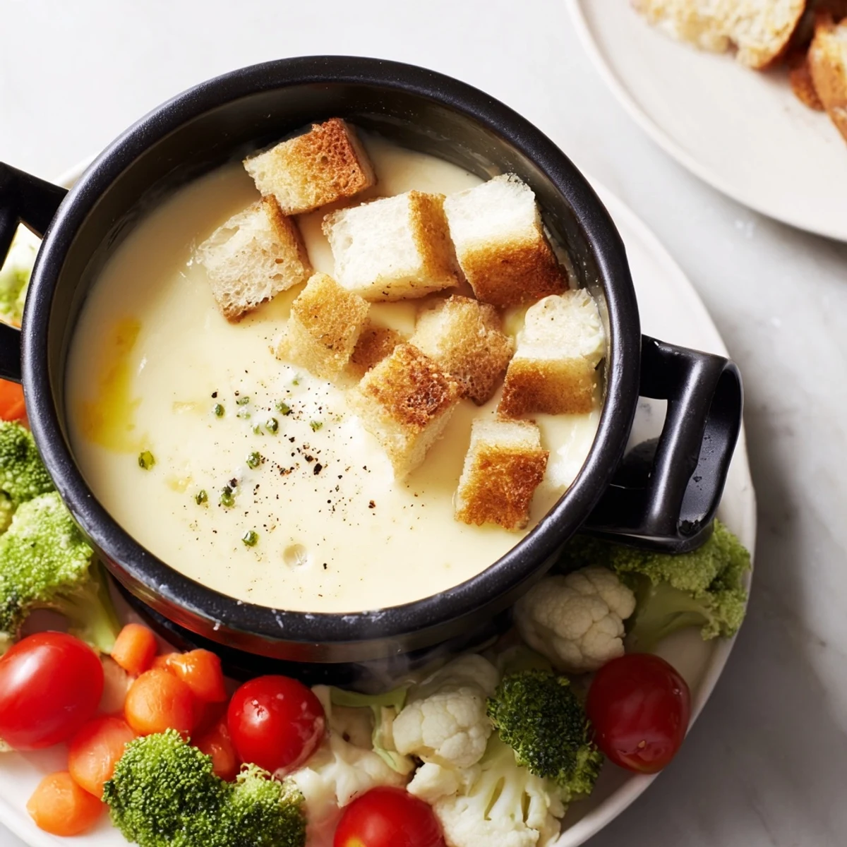 A warm pot of Swiss cheese fondue with bread cubes and veggies ready for joyful sharing.