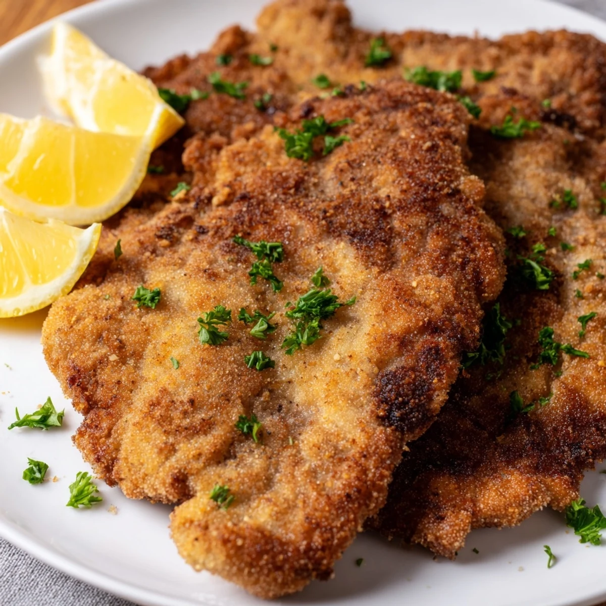 Golden-brown Austrian Wiener Schnitzel, crispy breading enveloping a tender, juicy veal cutlet.