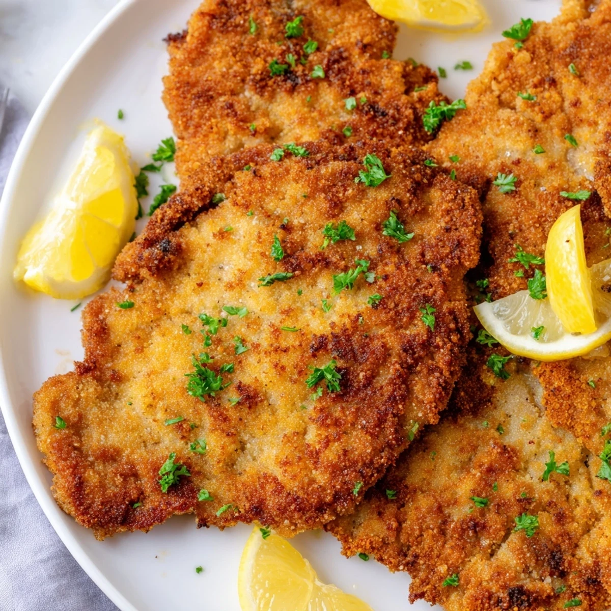 Picture perfectly fried Wiener Schnitzel, ready to be squeezed with lemon and enjoyed immediately.