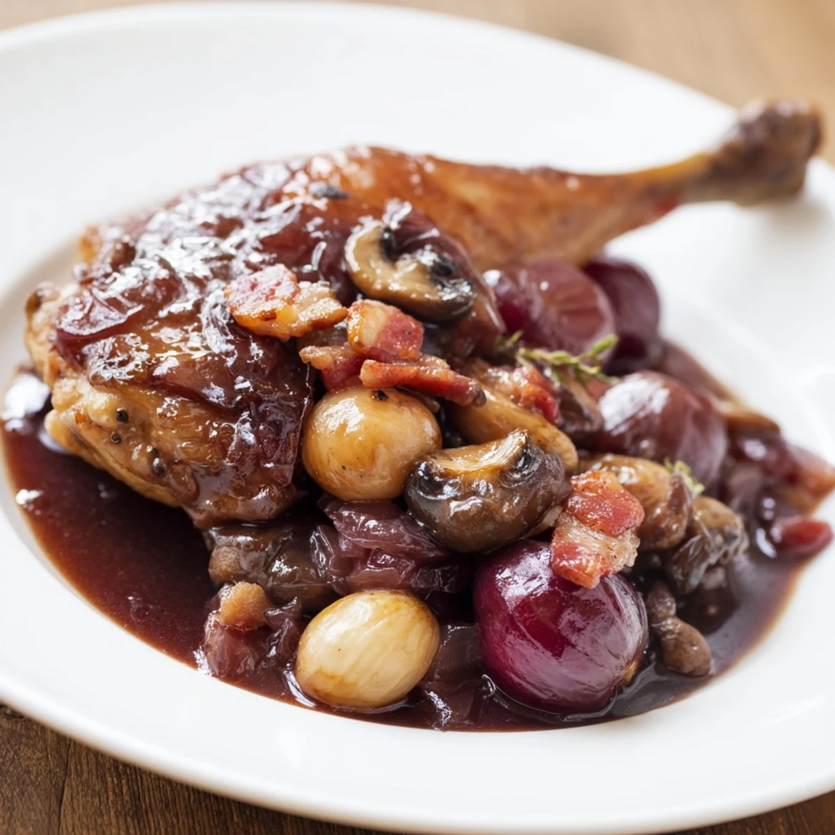 Tender Coq au Vin, a hearty French stew featuring chicken in rich, red wine sauce.