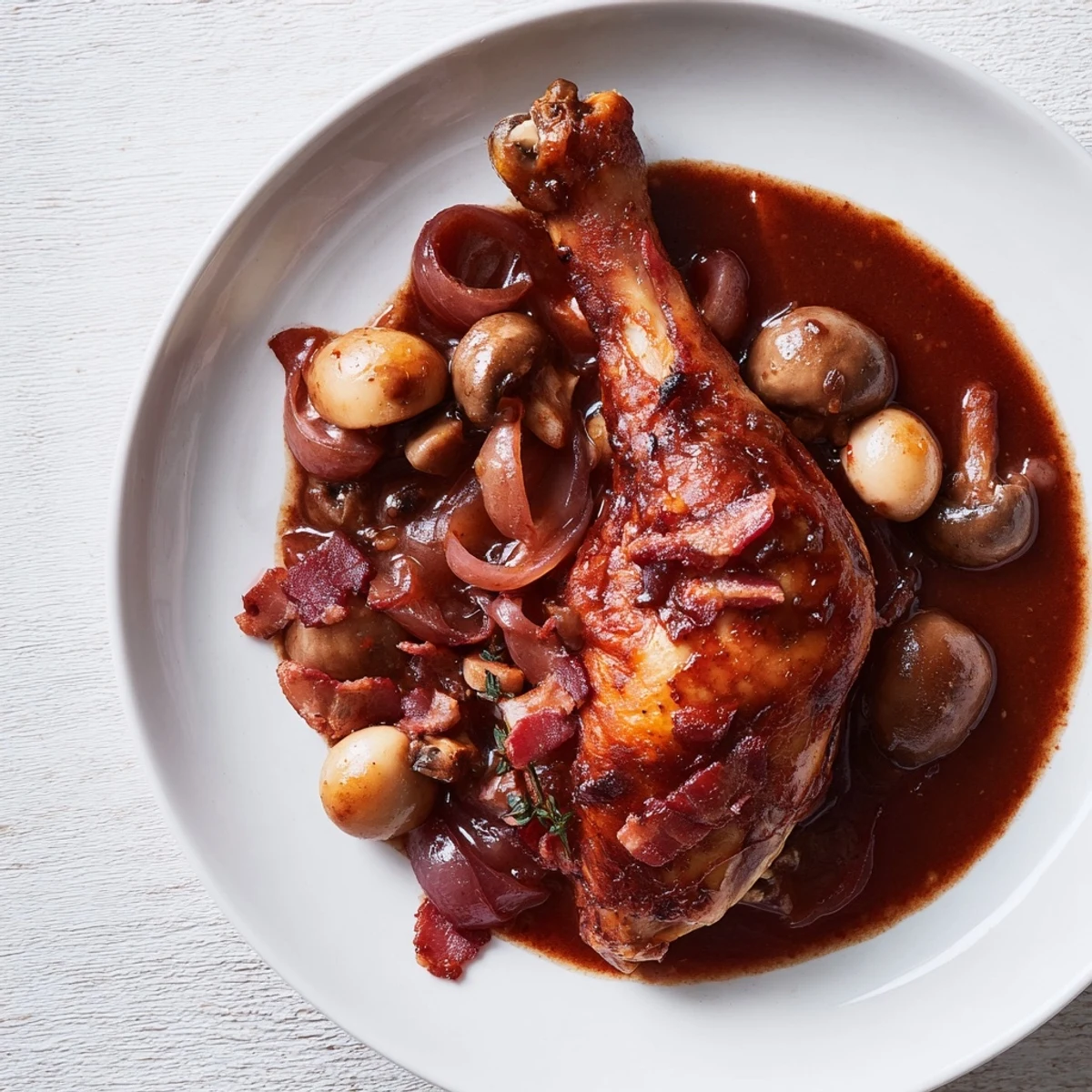 Aromatic Coq au Vin, with slow-braised chicken, mushrooms, and bacon, ready to serve with crusty bread.