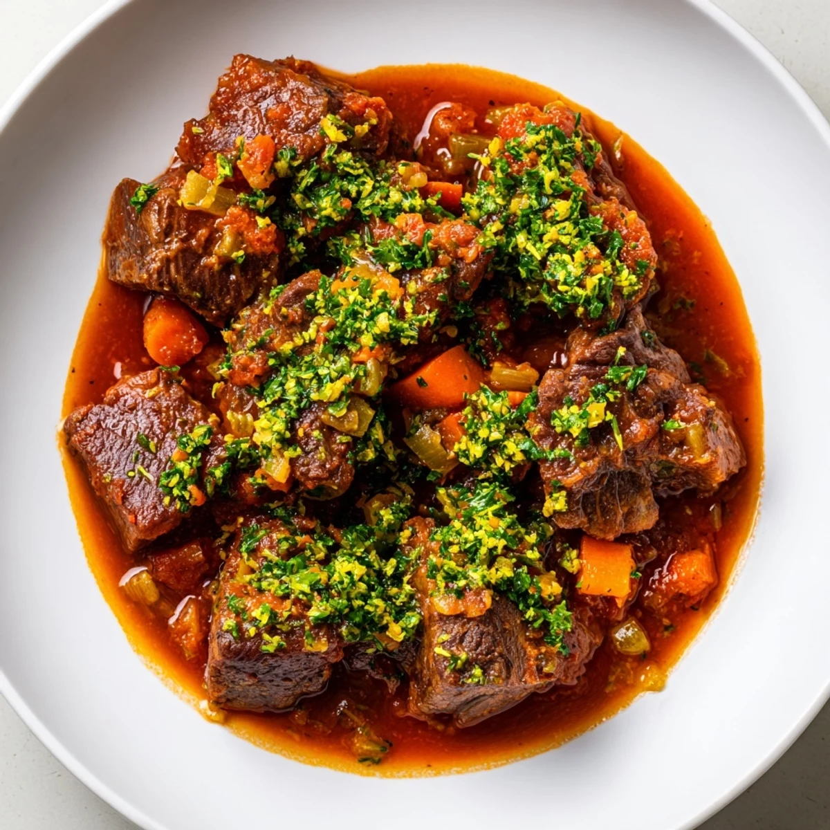 Tender Osso Buco served with vibrant gremolata, imagine the succulent braised veal shanks.