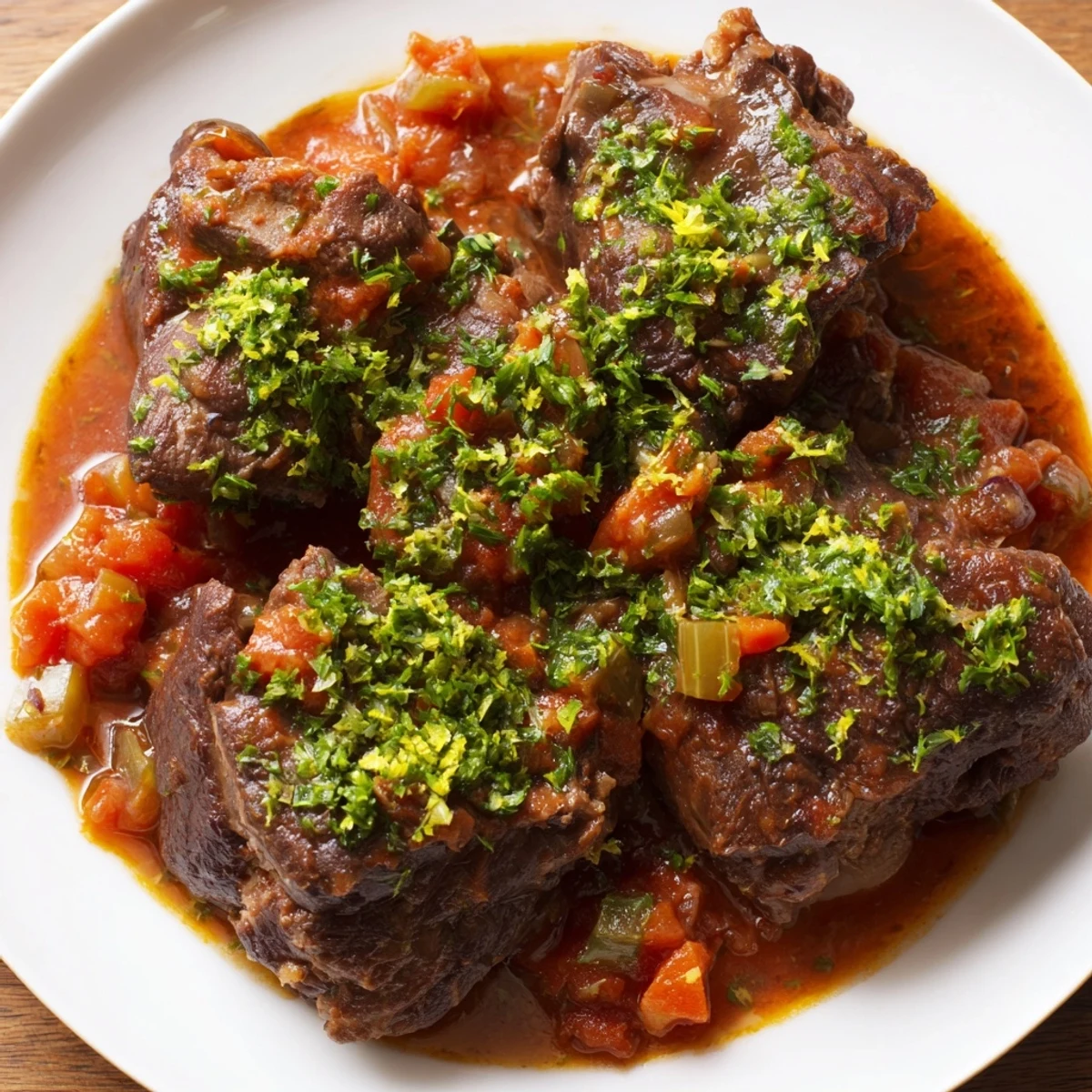 This comforting Italian Osso Buco shows seared veal, slow-cooked in a rich tomato sauce with vegetables.