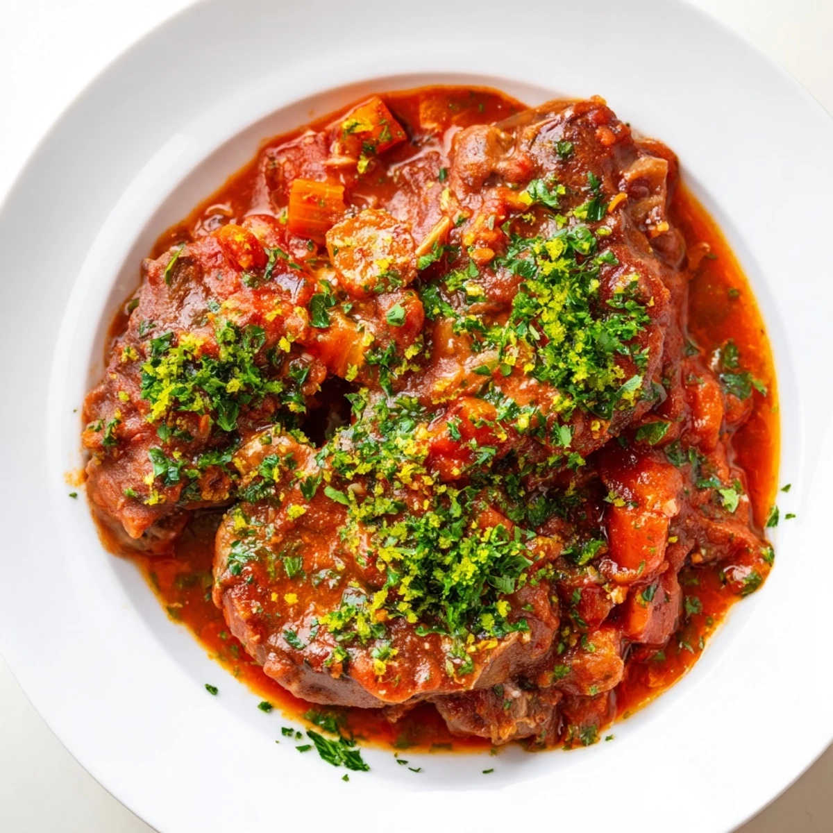 A plate of gorgeous Osso Buco with a garnish of fresh gremolata offers a flavorful, elegant meal.