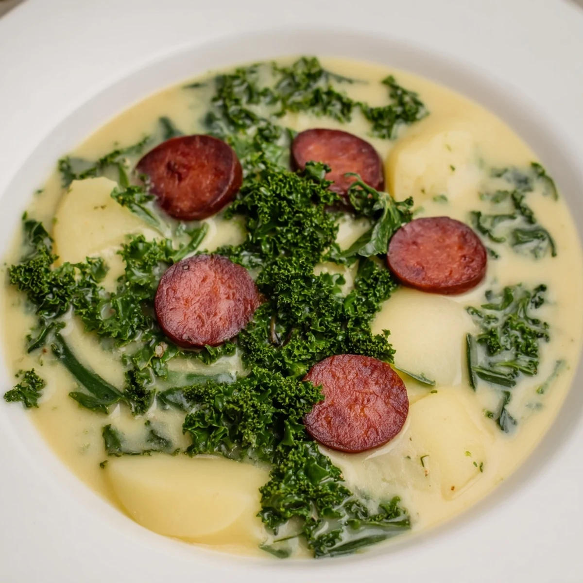Steaming bowl of Portuguese Caldo Verde, featuring vibrant green kale and flavorful chorizo bites.