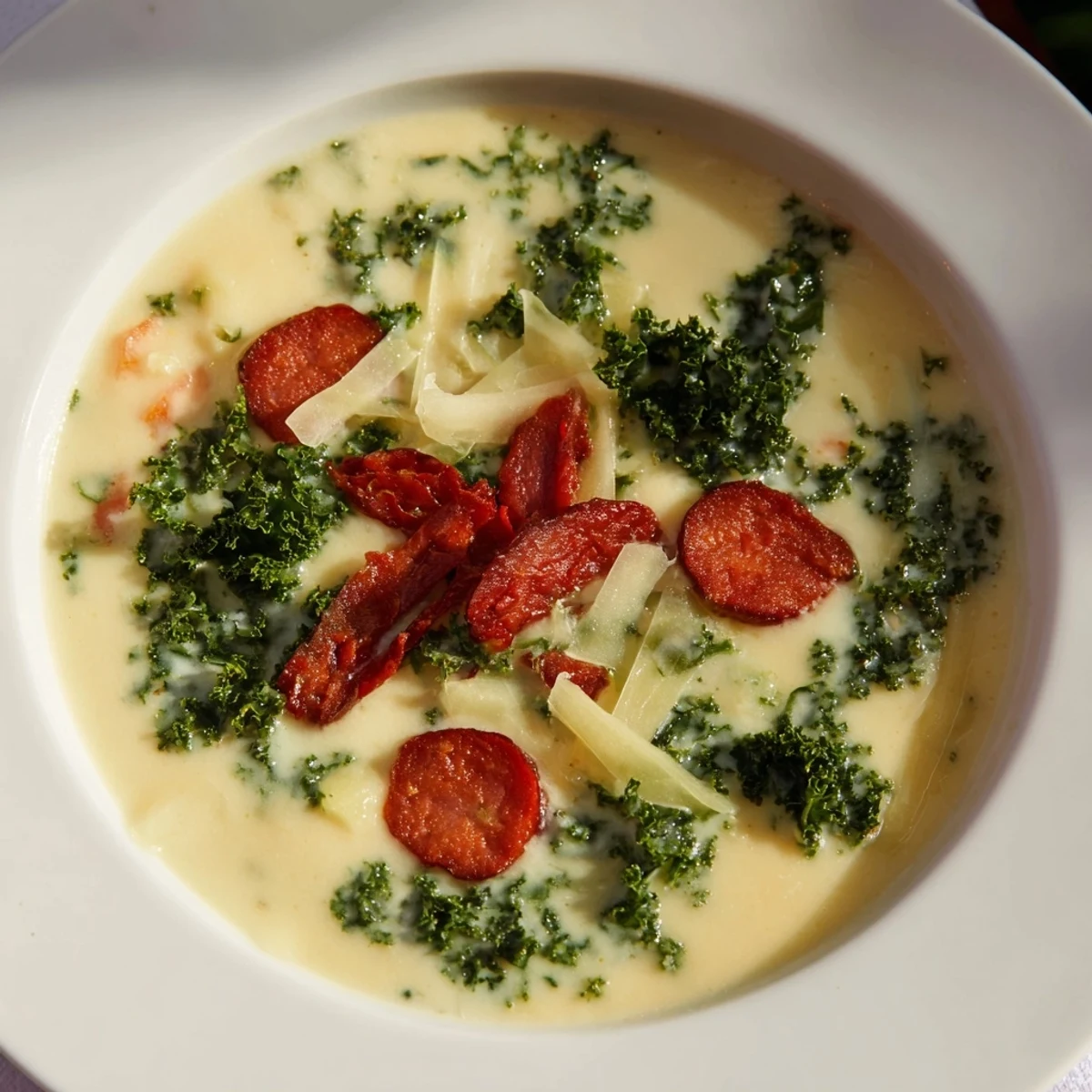 Close-up of a rustic Portuguese Caldo Verde, showcasing the creamy potato broth and kale.